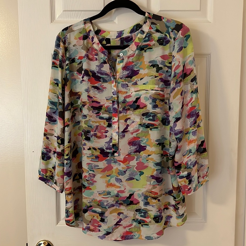 NYDJ. blouse, long sleeve, polyester multi print XL